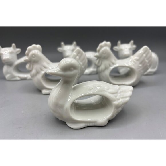 Vtg Japan Set Of 6 White Porcelain Animal Napkin Rings Duck Chicken Cow Farmhous - Picture 2 of 7
